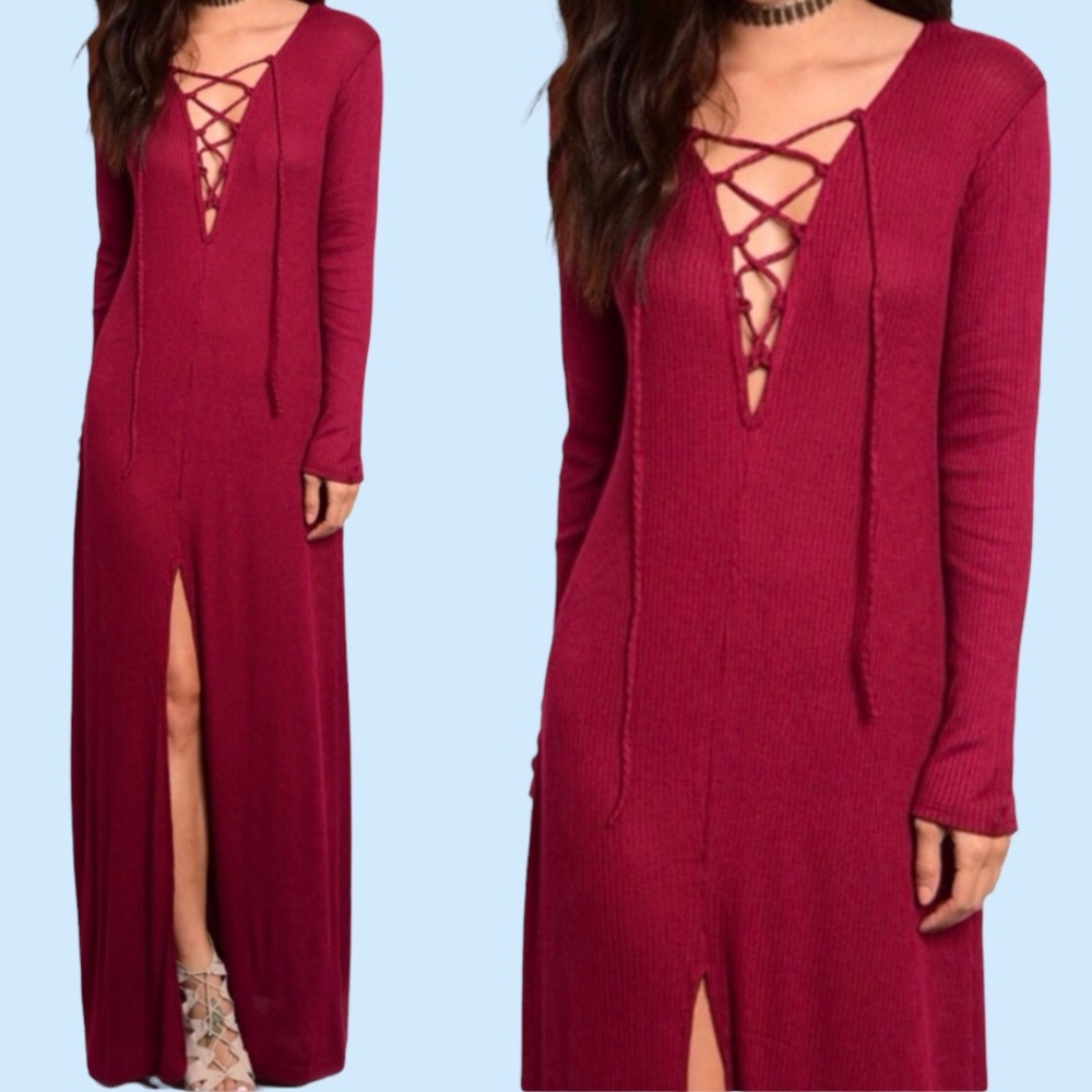 WINE RIBBED KNIT LACE-UP MAXI DRESS - Picture 1 of 6